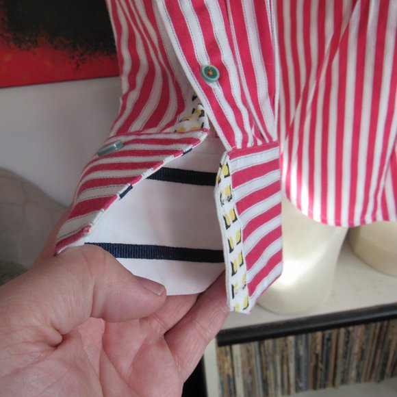 Robert Graham X Red White Stripes Contrasting Cuffs Collar Men's Shirt Sz L Read - Picture 9 of 15